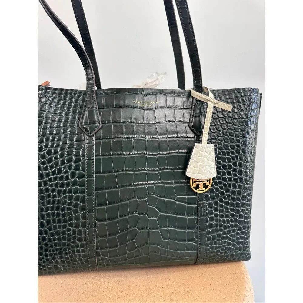 Tory Burch Perry Deep Kelp Green Embossed Triple Compartment Tote Bag